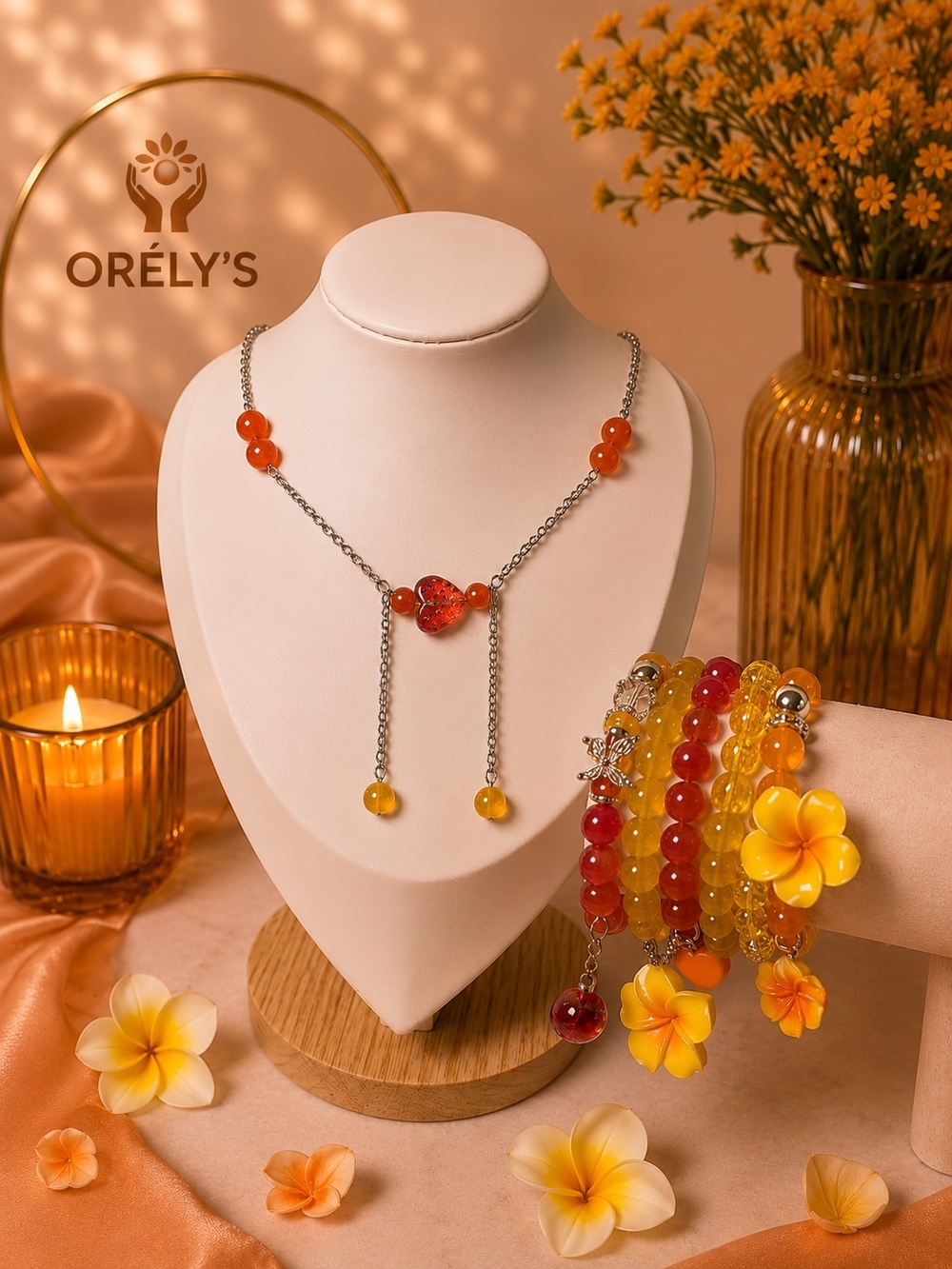Handmade Yellow & Orange Beaded 5 Bracelet And Heart Lariat Necklace
